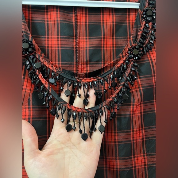 ⚫️ BOGO J.Crew women’s red plaid silk blouse with beaded neckline - Picture 7 of 8